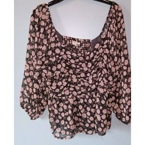 American Eagle‎ black & PINK floral semi sheer sleeves peplum hem- size L